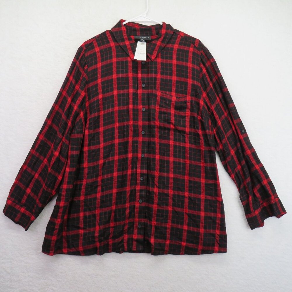 Lane Bryant Shirt Womens Size 18 Flannel Red‎ Black Plaid Roll Tab Sleeve New